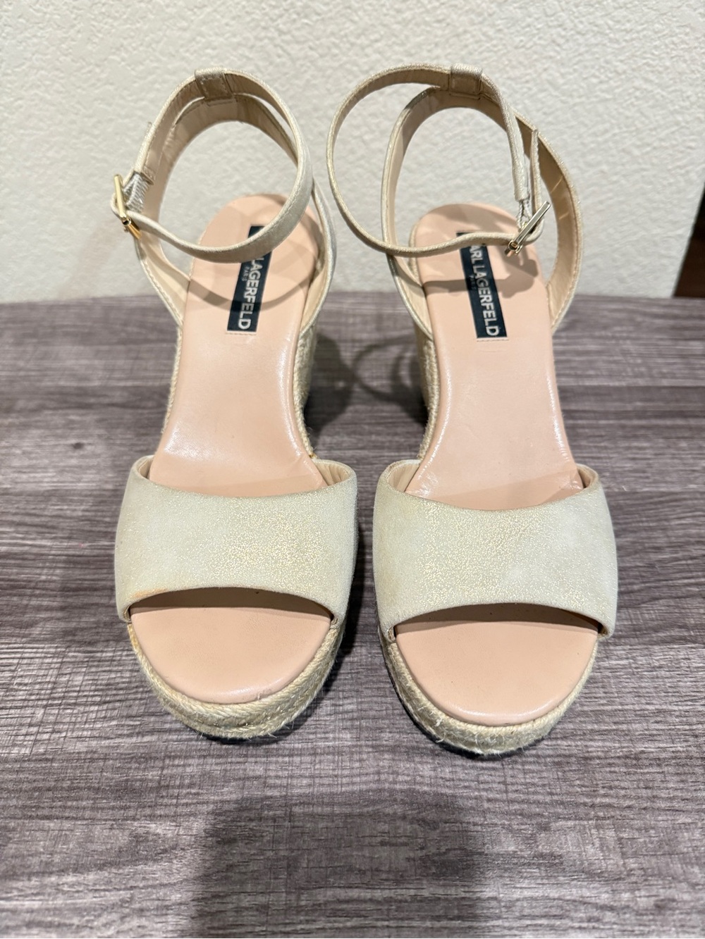 Karl Lagerfeld Paris Metallic Espadrille Wedge Sandals